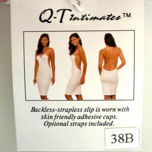 Q-T Intimates White Backless Strapless Dress Slip with optional straps Size 38B